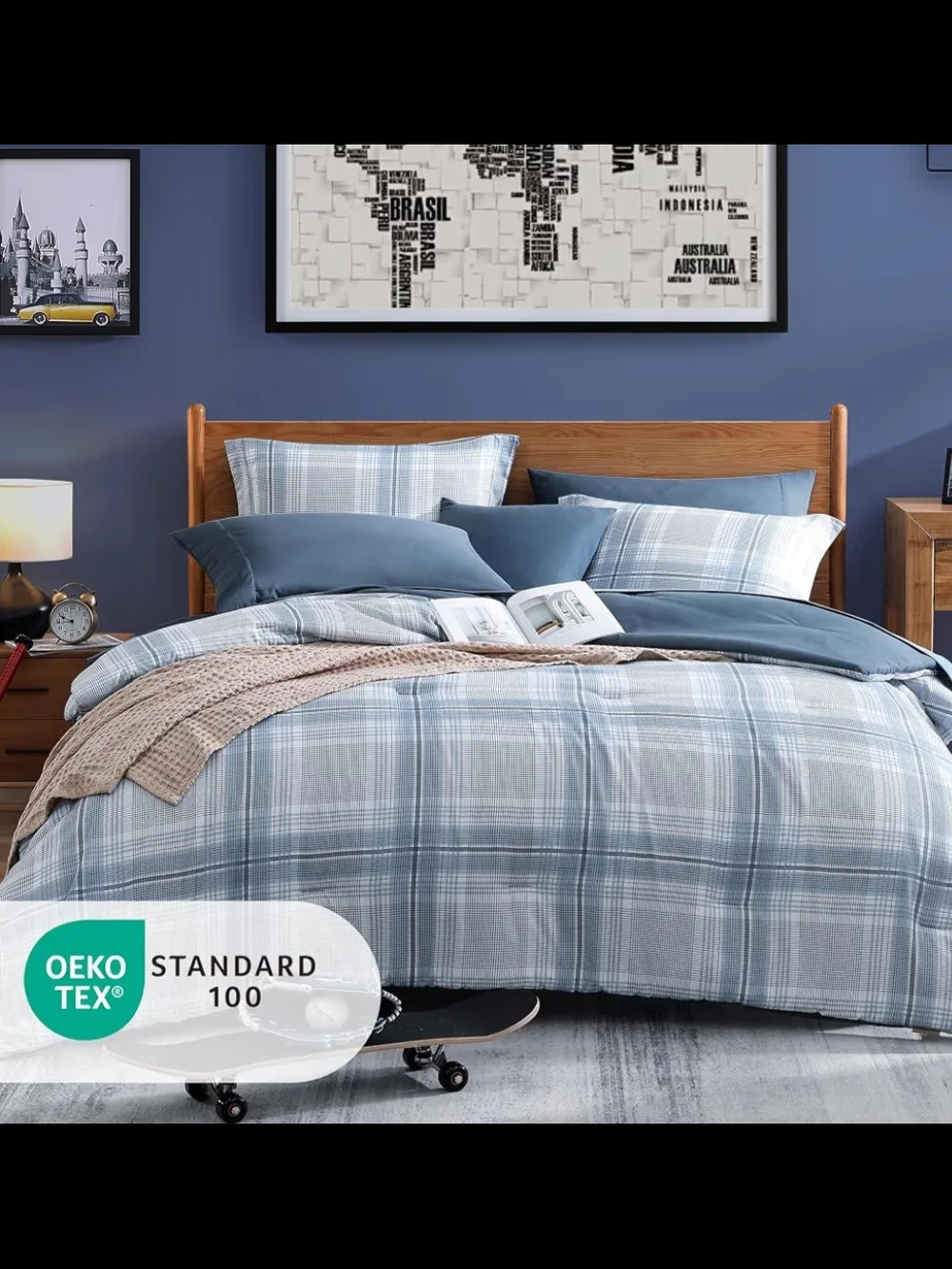 Twin XL Bed In A Bag Set.  Plaid Blue Cotton - Pillowcase Set - Classic Blue